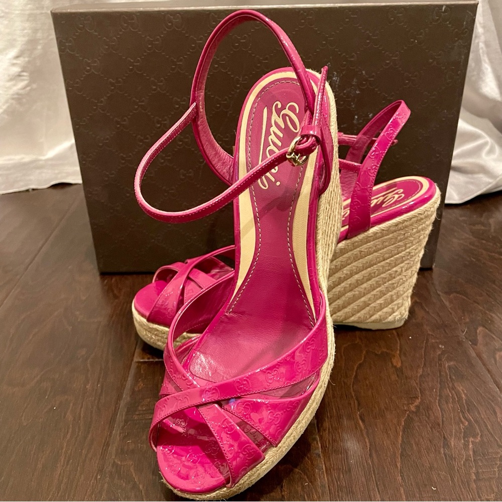 Authentic Gucci Magenta Patent Microguccissima Espadrille Wedges
